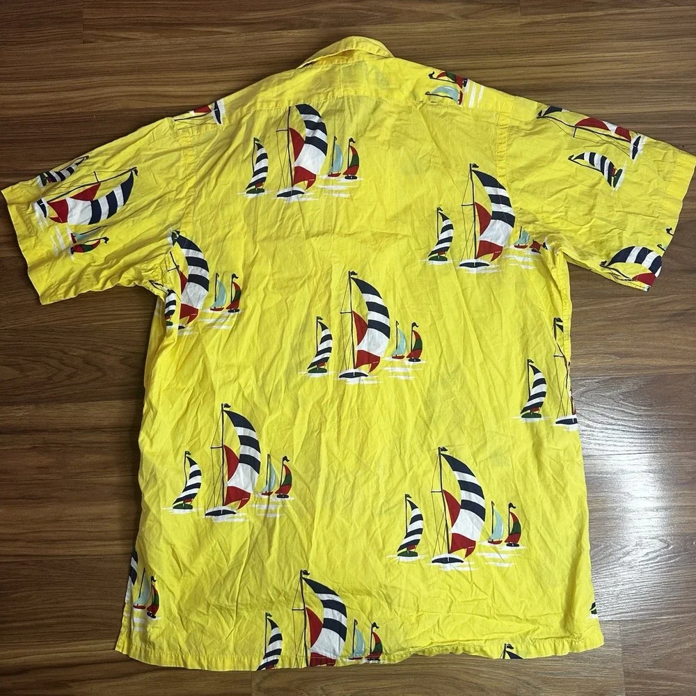 Vintage Polo Ralph Lauren Camp Shirt Large Yellow Sailing Sailboat Loop Collar